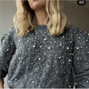 Zara Gray Pearl Embellished Cable Knit Long Sleeve Sweater